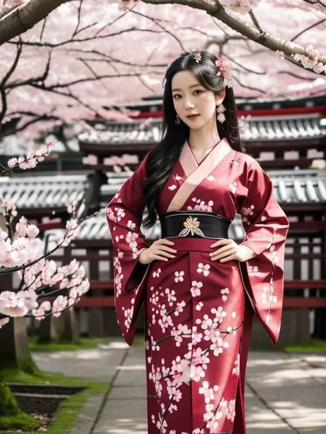 Masterpiece, top quality, 1girl, standing in center, long black hair, full body, wearing traditional Japanese kimono with cherry blossom pattern, cherry blossom background, studio light, serene expression, face front, extreme detailed.