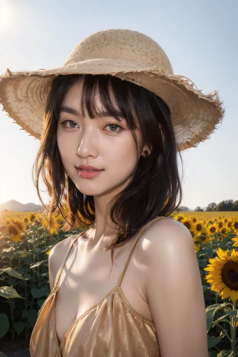 1girl,solo,smile,happy:1,long straight hair,straight bangs,look at viewers,brown eyes,looking at viewer,in studio,pure grey background,detailed skin,detailed face,studio light,parted lips,lips,bare shoulders,(black hair),(close up),messy hair,mugglelight, ...