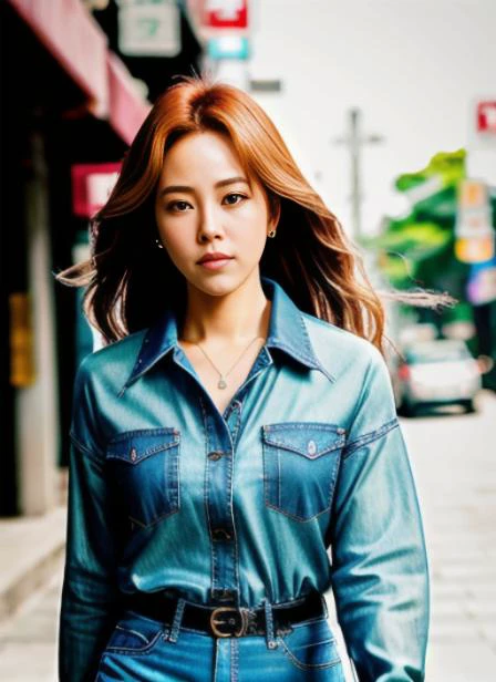 hanjimin portrait photo of woman wearing a light blue blouse and jeans, high heels, walking on the street, (masterpiece), (best quality), (detailed), (8k), (HDR), (wallpaper), (cinematic lighting), (sharp focus), (intricate), closeup