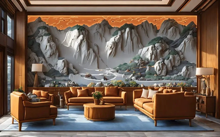 arafed view of a living room with a mountain mural on the wall