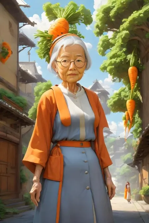 an old woman in a blue dress and orange jacket standing in a street