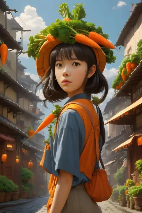 a woman with a carrot hat on her head walking down a street