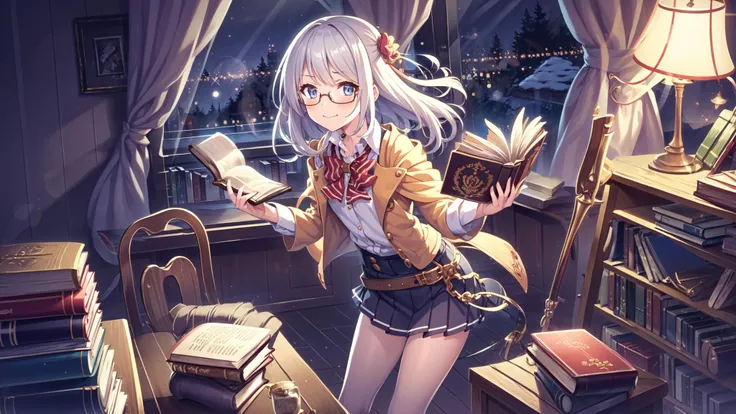 anime girl with a book in her hand in a room