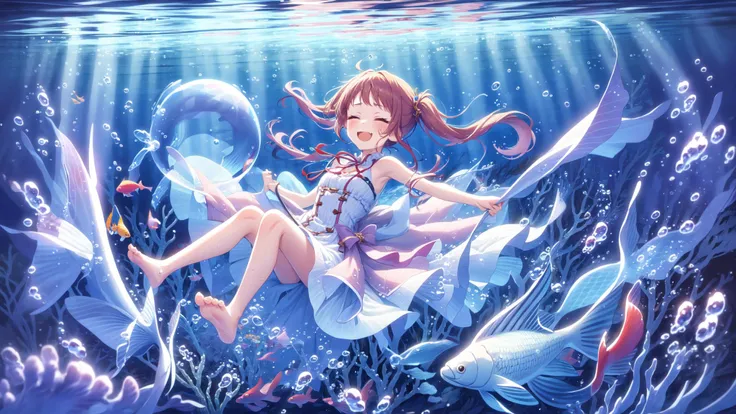 1girl,underwater,dress,fish,twintails,barefoot,bubble,air bubble,solo,closed eyes,submerged,ribbon,floating hair,bare legs,sleeveless dress,