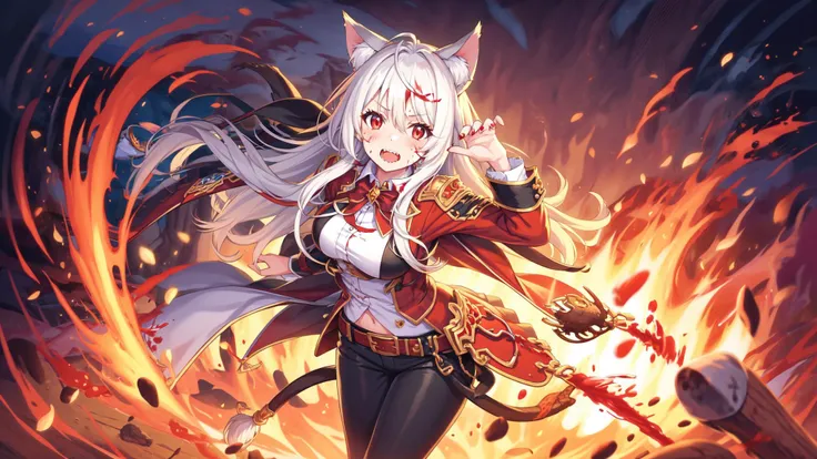 1girl, animal ears, solo, long hair, red eyes, fire, blood on face, white hair, blood, animal ear fluff, looking at viewer, very long hair, long sleeves, hair between eyes, bangs, teeth, pants, black pants, shirt, extra ears, parted lips, cowboy shot, hair...