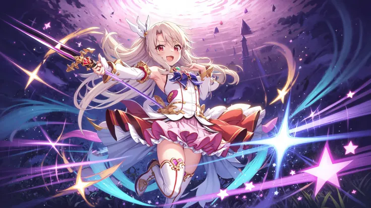 a anime character with a sword and a pink outfit on her chest and a purple background with stars and a blue star on her left arm and a purple background with a blue and white star with a white and pink and white border with a blue and white border with a w...