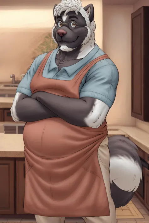 a cartoon picture of a man in an apron with a raccoon on his shoulder