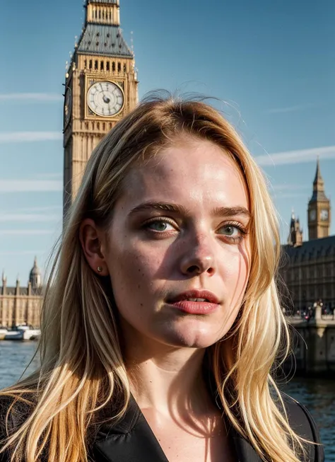 portrait of sks woman in London, with Big Ben in the background, by Flora Borsi, style by Flora Borsi, bold, bright colours, ((Flora Borsi)), by Annie Leibovitz, <lora:locon_ellenfanning_v1_from_v1_64_32:1>