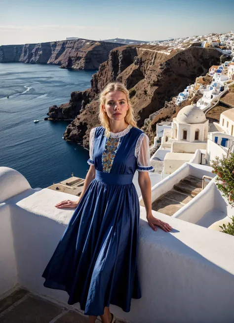 portrait of sks woman in Santorini, overlooking the picturesque white houses and blue domes, by Flora Borsi, style by Flora Borsi, bold, bright colours, ((Flora Borsi)), by Jimmy Nelson, <lora:locon_ellenfanning_v1_from_v1_64_32:1>