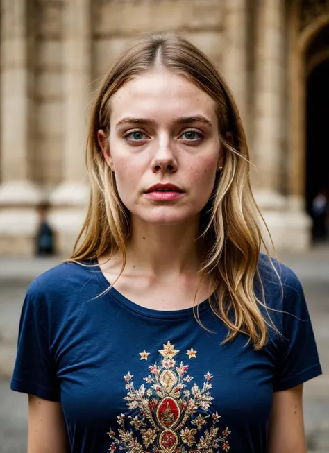 A stunning intricate full color portrait of (sks woman:1) in Prague, at the Prague Castle, wearing tshirt, epic character composition, sharp focus, natural lighting, subsurface scattering, f2, 35mm, film grain, , by Imogen Cunningham, <lora:locon_ellenfann...