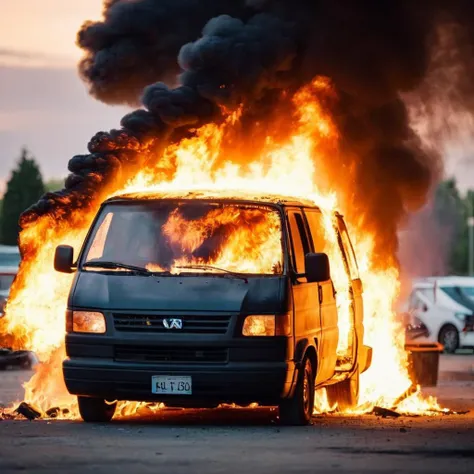 cinematic film still of  <lora:cinematic explosion style:1.5>
a van is on fire in a parking lot cinematic explosion style, shallow depth of field, vignette, highly detailed, high budget, bokeh, cinemascope, moody, epic, gorgeous, film grain, grainy