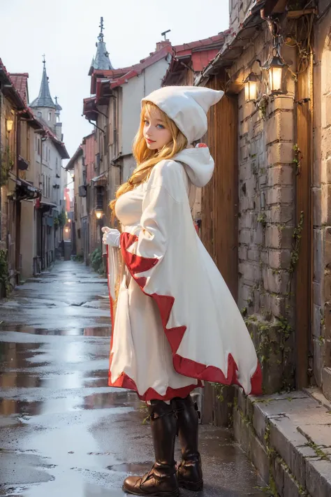 arafed woman in a white cape and red trimmings stands in a narrow alleyway