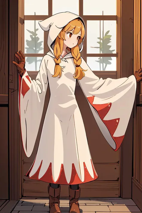 a cartoon girl in a white dress and red cape standing in front of a window