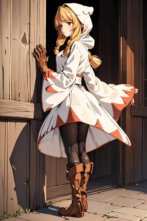 anime girl in a white coat leaning against a wooden door