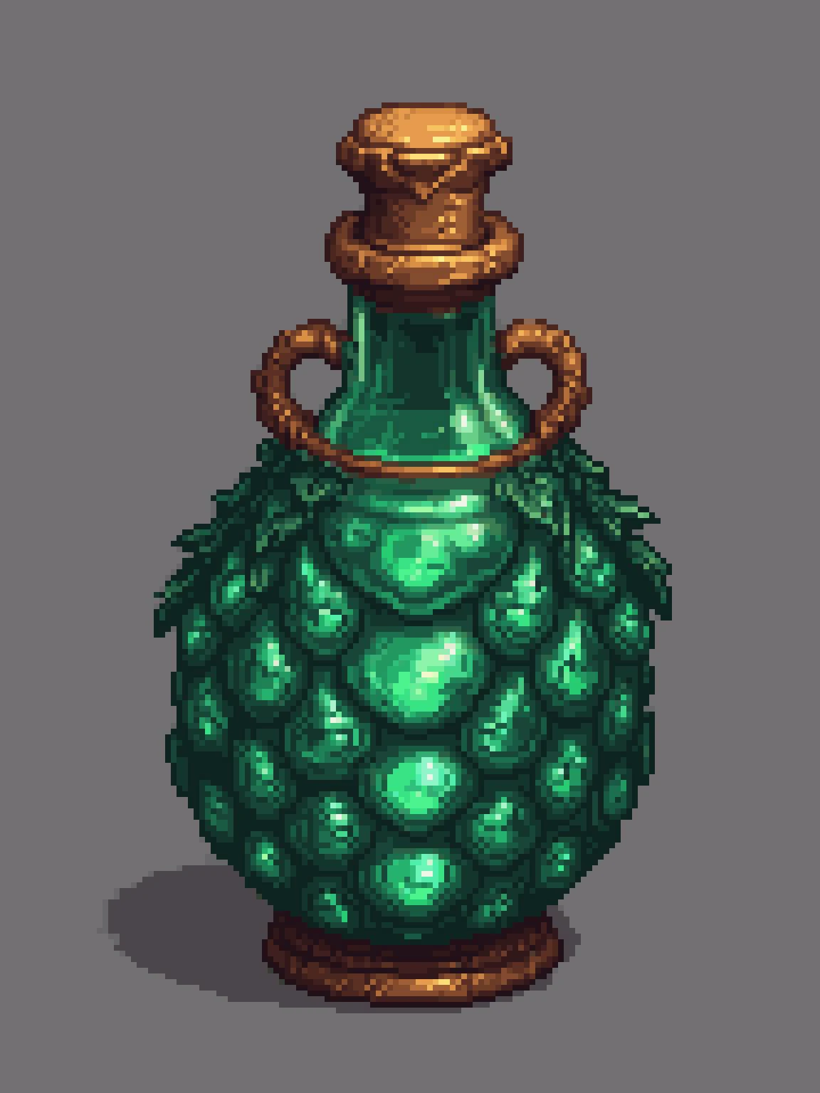 pixel art, cartoon illustration, front view of dragon scale potion, emerald colors, simple black background, game icon <lora:game_icon:0.4> <lora:pixelbuildings128-v2:0.8>