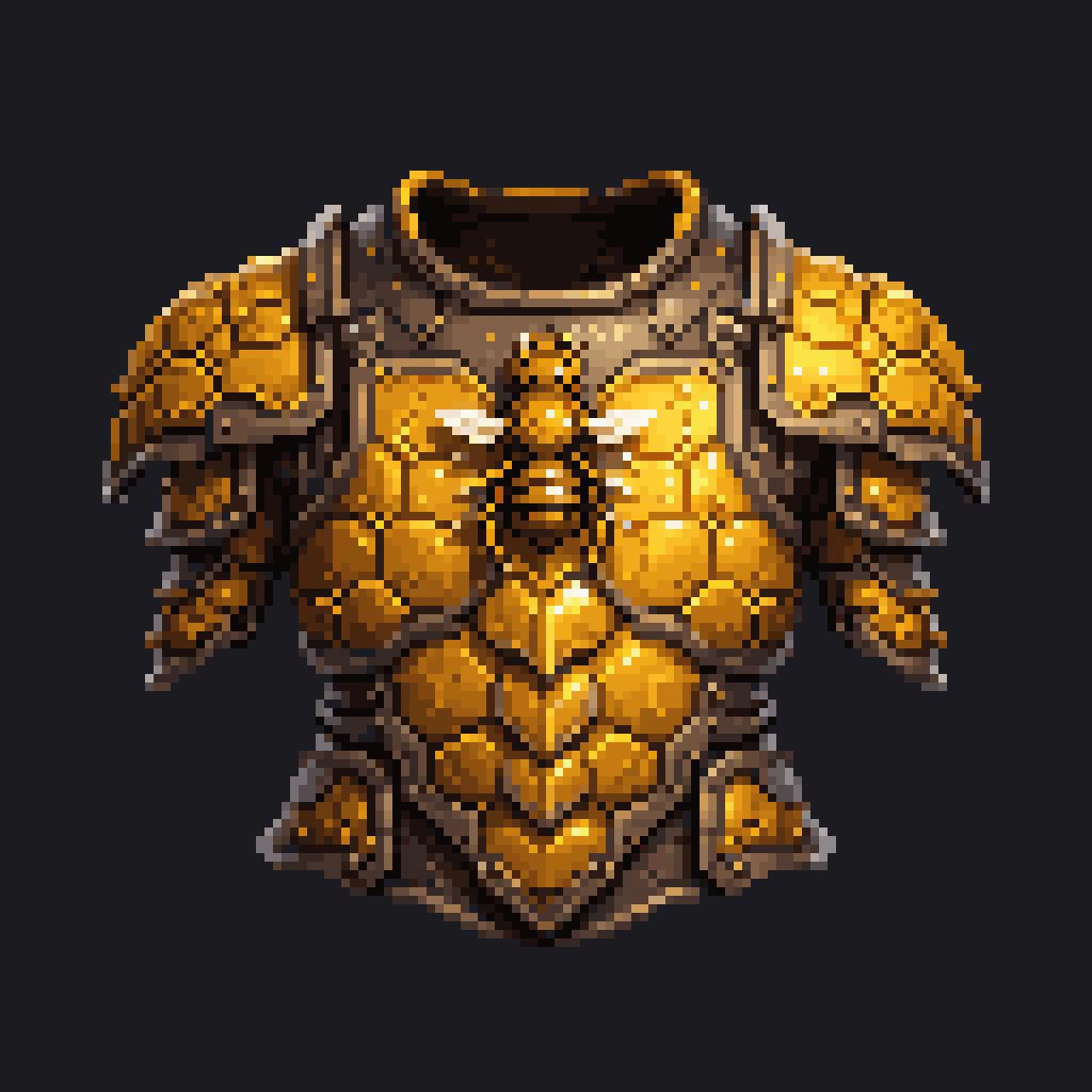 pixel art, cartoon illustration, honey bee armor breastplate, yellow, simple black background, game icon <lora:game_icon_diablo_style_SDXL:0.5> <lora:pixel-art-sdxl-v11:0.8>