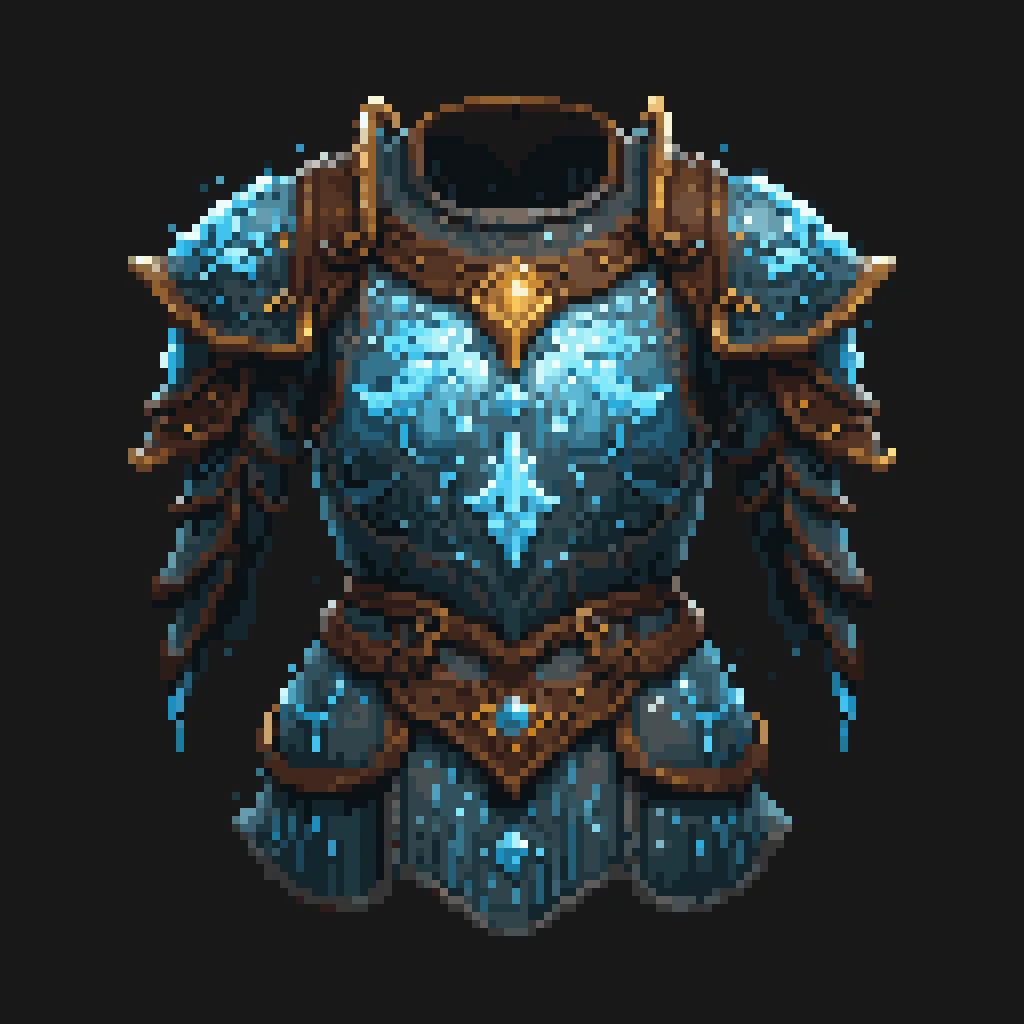 pixel art, cartoon illustration, water mage robe armor breastplate, simple black background, game icon <lora:game_icon_diablo_style_SDXL:0.5> <lora:pixel-art-sdxl-v11:0.8>