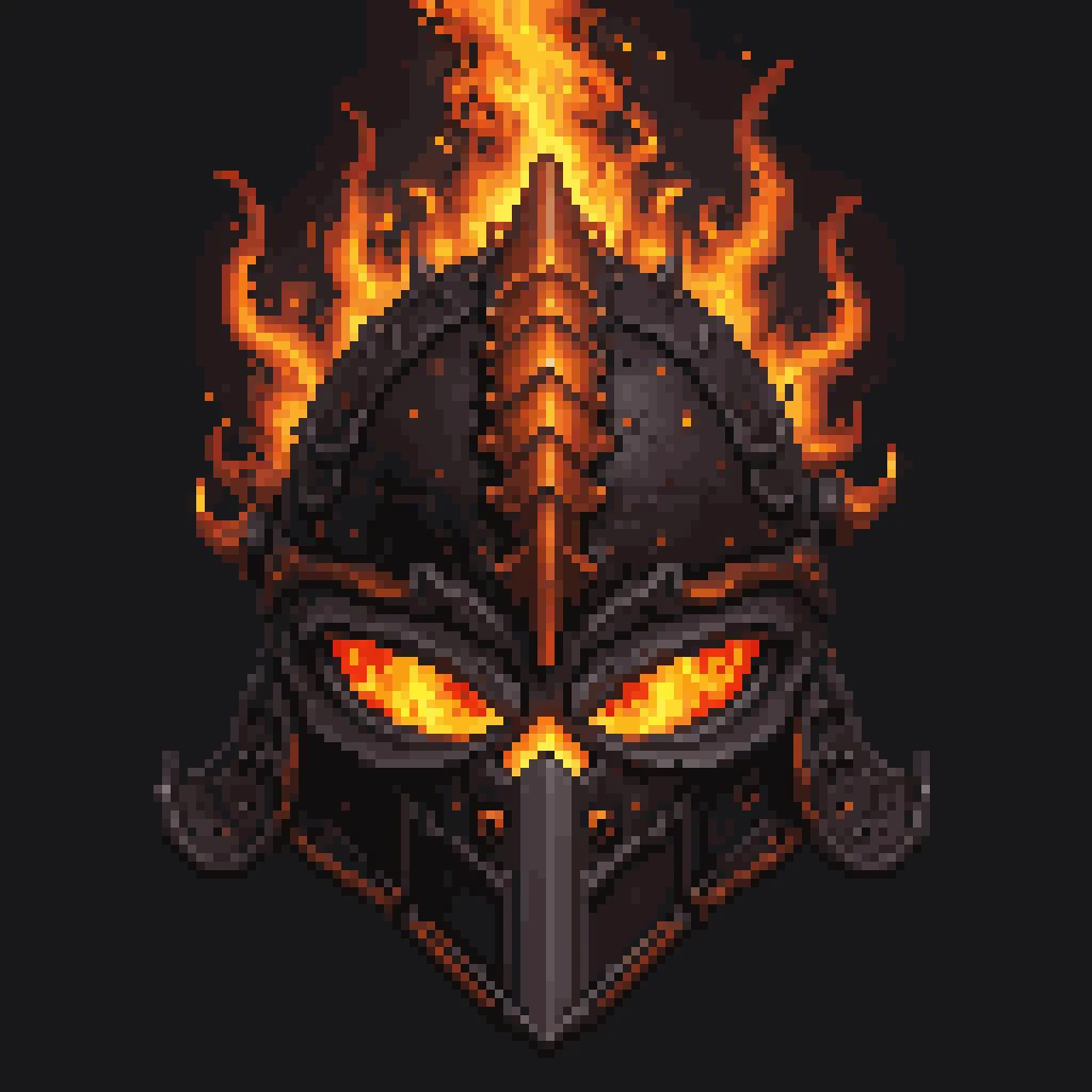 pixel art, cartoon illustration, front view of beholder helmet, fire, simple black background, game icon <lora:game_icon_diablo_style_SDXL:0.4> <lora:pixel-art-sdxl-v11:0.8>