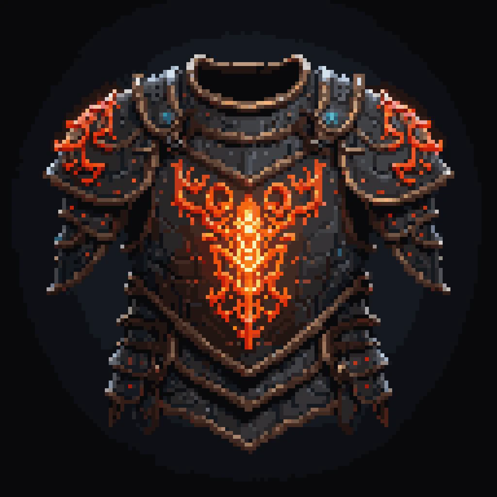 pixel art, cartoon illustration, glowing runic armor plate, simple black background, game icon <lora:game_icon_diablo_style_SDXL:0.5> <lora:pixel-art-sdxl-v11:0.8>