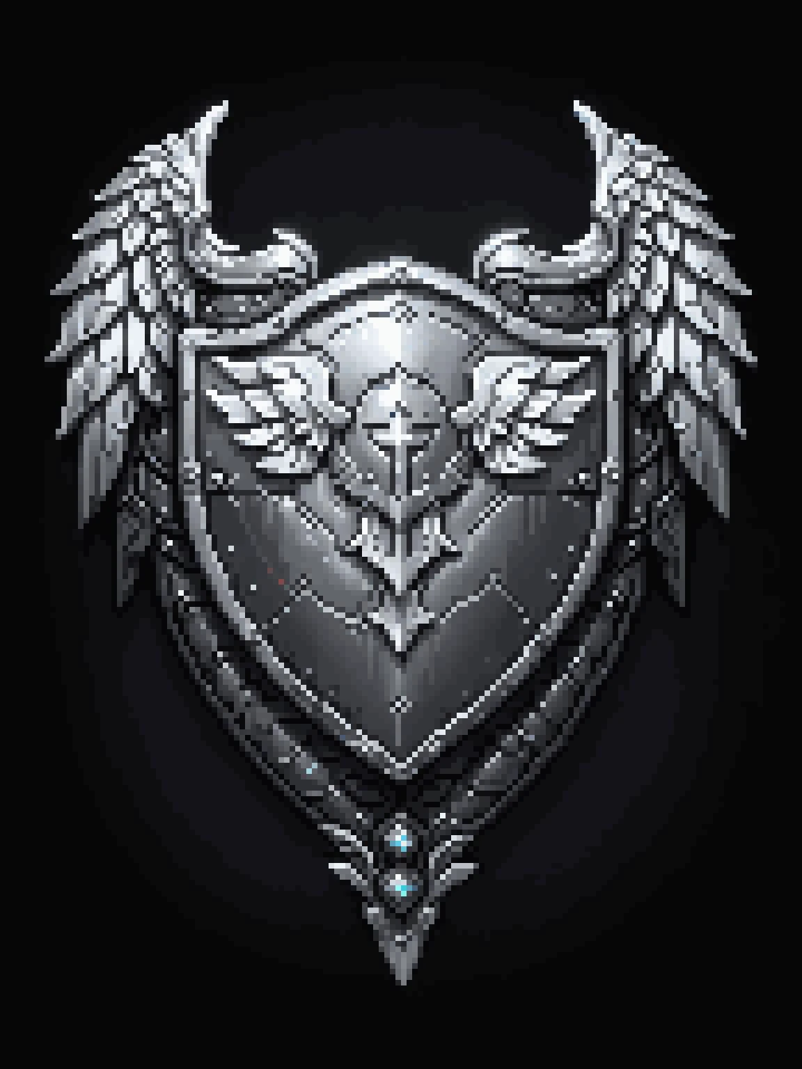 pixel art, cartoon illustration, silver valkyrie shield, silver wings, simple black background, game icon <lora:game_icon_diablo_style_SDXL:0.4> <lora:pixel-art-sdxl-v11:0.8>