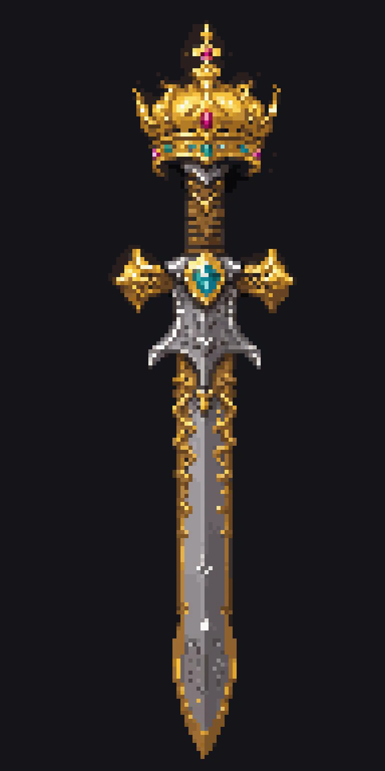 pixel art, cartoon illustration, royal guard great sword, golden crown, gems, simple black background, game icon <lora:game_icon_diablo_style_SDXL:0.4> <lora:pixel-art-sdxl-v11:0.8>