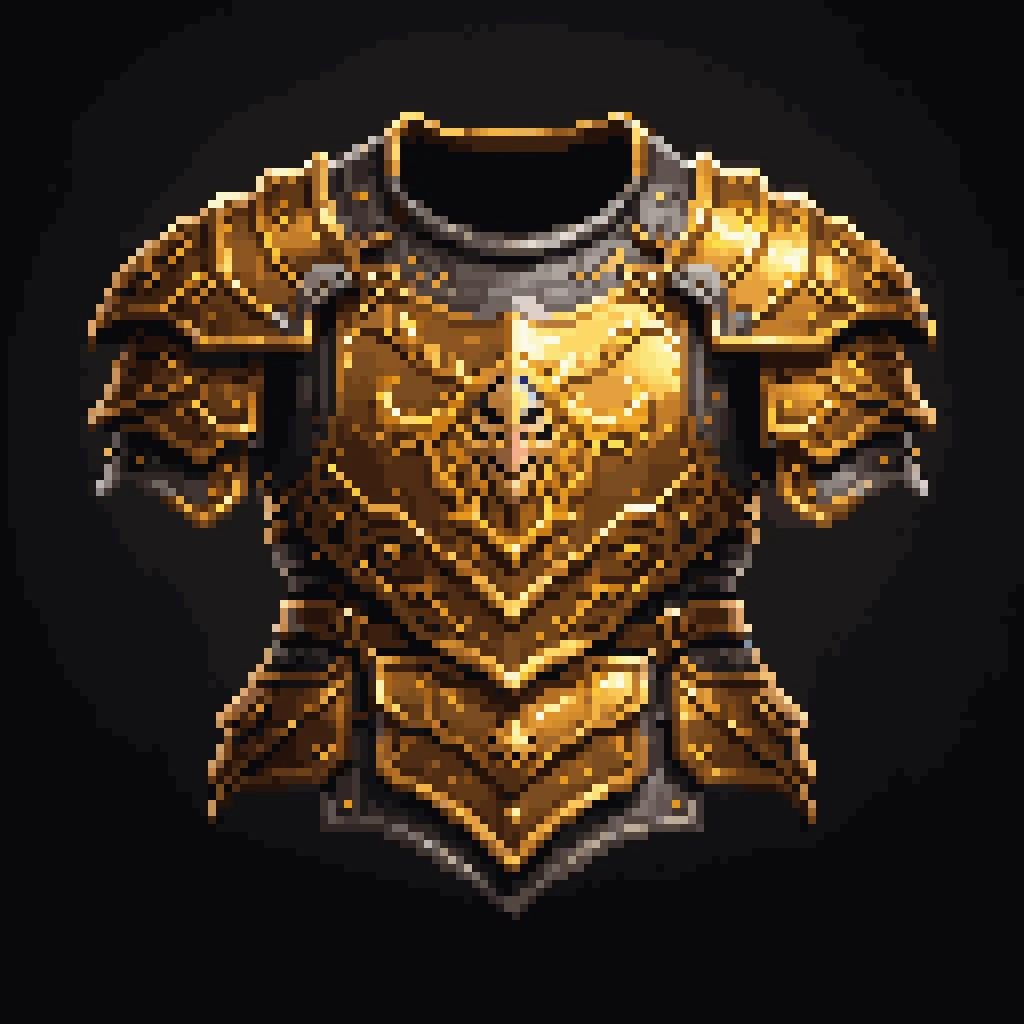 pixel art, cartoon illustration, golden plate armor, simple black background, game icon <lora:game_icon_diablo_style_SDXL:0.5> <lora:pixel-art-sdxl-v11:0.8>