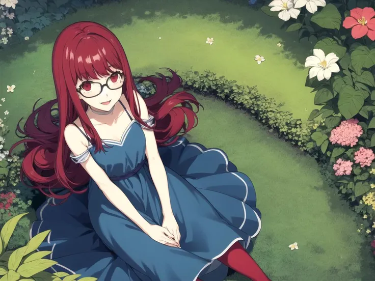 masterpiece, best quality, 1girl, solo, dssumire, red hair, long hair, straight hair, red eyes, glasses, Dark Blue (long dress:1.4), Light Red pantyhose, from above, happy, enchanted garden, magical creatures, mythical plants,
 <lyco:dskasumi-v2_lc_768:1> ...