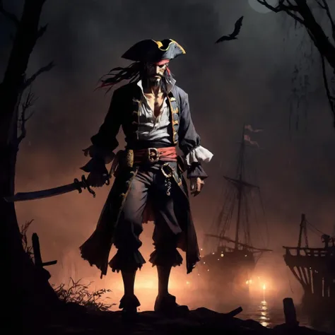 anime drawing, 2D, old pirate, fog, dark atmosphere, night