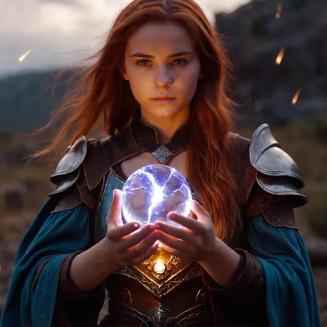 cinematic film still, a mage woman, 20 years old, holding a magic lightning glass orb, glass mage armor,