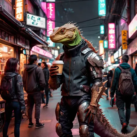 a lizard monster, cyberpunk armor, buying a coffee, crowded cyberpunk street