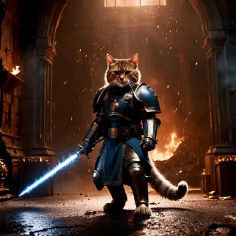 a cat dressed as a knight with a sword in a dark room