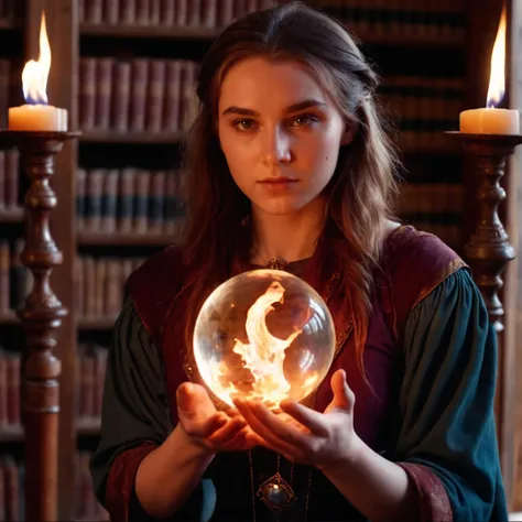 a woman holding a crystal ball with a fire inside of it