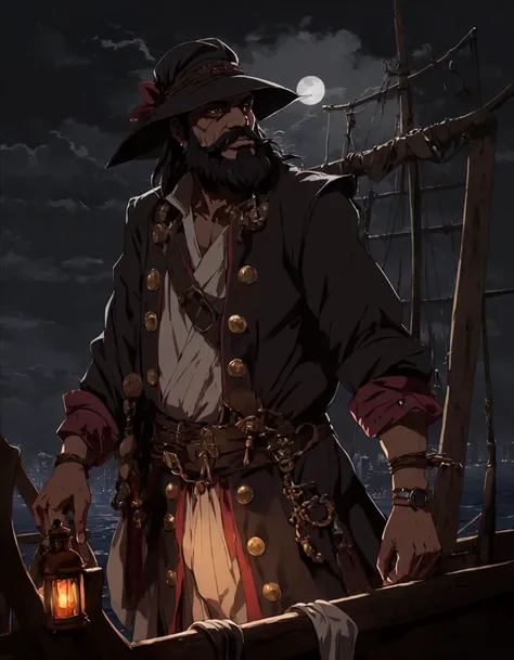 pirate standing on a boat with a lantern in his hand