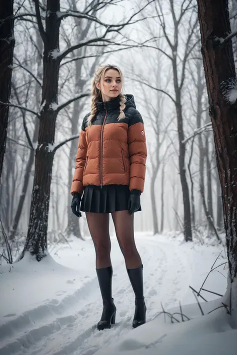 a woman in a jacket and skirt standing in the snow