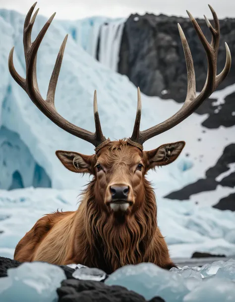 best quality, a old Beast with fur and antlers, golden knotwork, epic,  ice, lava in the background