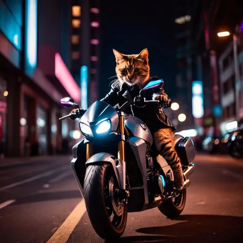 araffe cat in a leather jacket riding a motorcycle on a city street