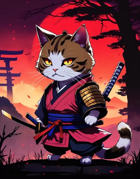 a cat in a samurai outfit holding a sword in front of a sunset