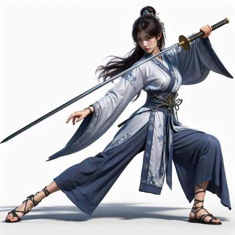 nvjianke, 1girl, weapon, solo, sword, long hair, fighting stance, holding, sheath, hair bun, single hair bun, holding weapon, white background, wide sleeves, holding sword, simple background, full body, sandals, hair ornament, katana, sash, standing, long ...