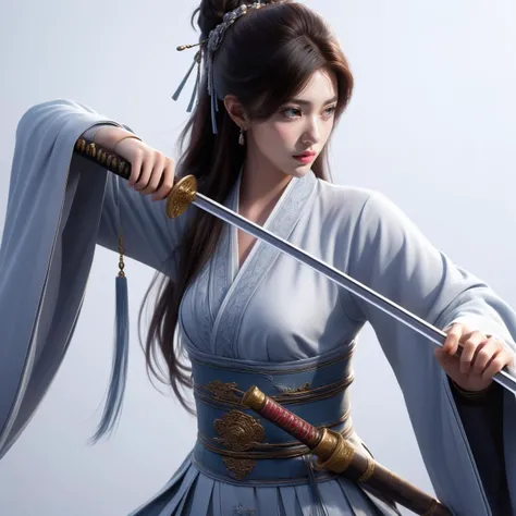 nvjianke,1girl,weapon,sword,solo,long hair,holding,hair ornament,jewelry,earrings,holding weapon,sash,brown hair,wide sleeves,holding sword,brown eyes,upper body,long sleeves,chinese clothes,closed mouth,looking to the side,hair bun,realistic,looking away,...