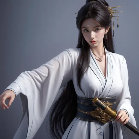 nvjianke,1girl,weapon,solo,sword,jewelry,earrings,hair ornament,holding,long hair,holding weapon,realistic,wide sleeves,black hair,holding sword,chinese clothes,long sleeves,hanfu,sash,closed mouth,hair stick,looking away,looking to the side,grey backgroun...