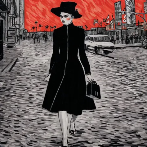 a painting of a woman walking down a street with a suitcase