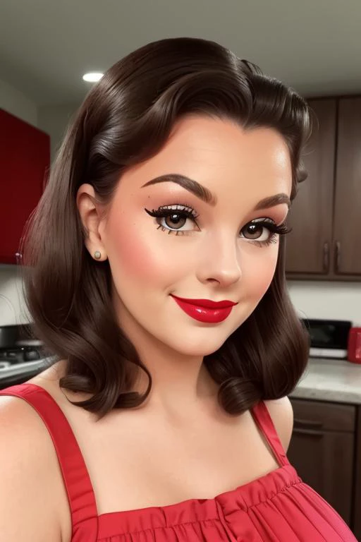 photo of a woman, ((fifties hair, 50s hairstyle, fifties dress, kitchen, home)), smiling, (lipstick, blush, eye shadow), ((best quality, masterpiece, extreme details, high resolution):1.2),((detailed eyes, beautiful eyes, detailed face, beautiful face):1.2...