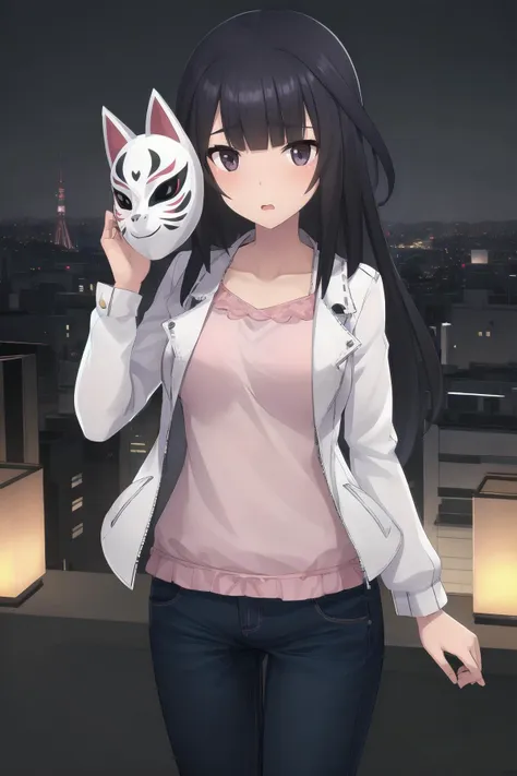 a woman in a white jacket holding a white cat mask