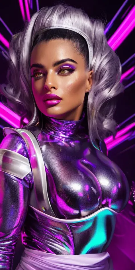 upper waist shot of noa kirel, otherworldly, hyperdetailed, Rule of Thirds, extremely hyper aesthetic, lots of details, Hypnotic rotund Girl, Monk, Silver hair, dripping DayGlo purple and electric yellow, surreal,  <lora:noa_kirel_1.0:1>