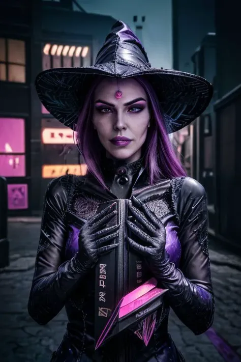 professional photo of (eldritch witch clad in intricate dark witch dress with latex gloves and pointy witch hat:1.3), (perfect face, beautiful face, symmetric face:1.3), (neon purple cyberpunk city, neon pink cyberpunk city background, intricate detailed b...