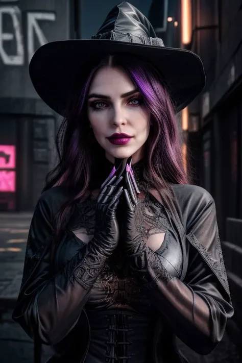 vmpr, professional photo of (Lovecraftian eldritch sorceress clad in intricate black witch robe with latex gloves and pointy hat:1.3), (perfect face, beautiful face, symmetric face:1.3), (neon purple cyberpunk city, neon pink cyberpunk city background, int...