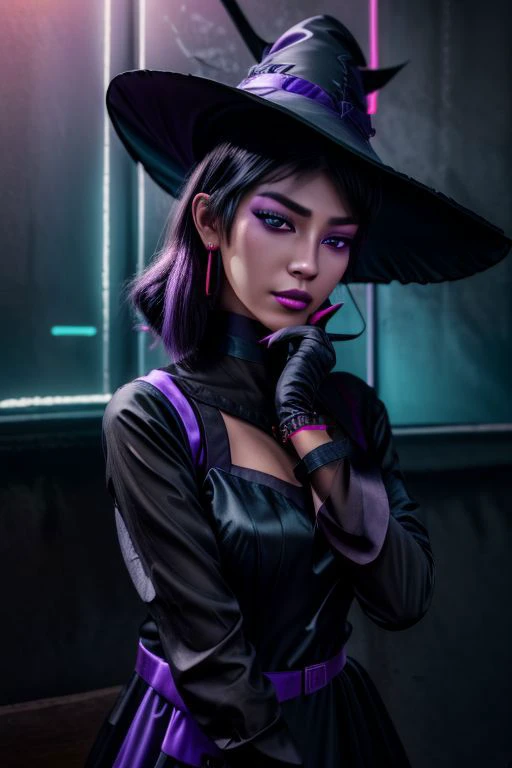 professional detailed photo of (beautiful Asian witch:1.3) wearing (intricate satin black witch gown, pointy witch hat, long gloves, satchel:1.4) and (neon purple earrings, neon purple belt, glowing neon cyberpunk bracelet:1.4), (shiny glossy translucent c...