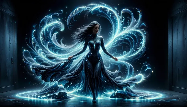 a woman in a long dress standing in a dark room with a glowing swirl