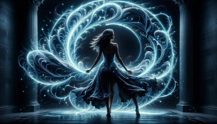 a woman in a dress standing in front of a glowing swirl