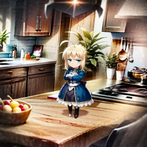 anime character standing on a kitchen counter with a bowl of fruit